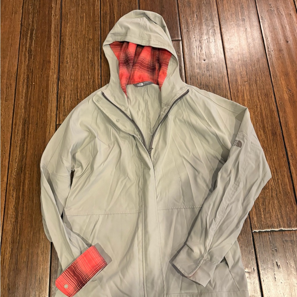 The North Face Women's Tan Raincoat with Red Lining